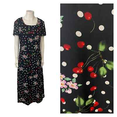 #ad 1990s Cherry Print Floral Design Long Maxi Dress Short Sleeves Medium $24.50