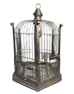 #ad Antique Brass Bird Cage Hanging Or Table Top 16quot;t × 9.5quot;w Fake Bird $99.00