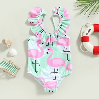 #ad NEW Girls Flamingo Blue Ruffle Swimsuit Bathing Suit 18M 2T 3T 4T 5T $10.99