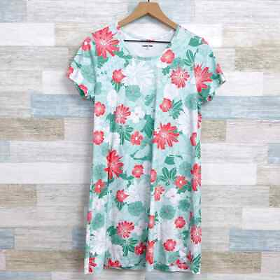 #ad Lands End Soft Touch Tropical Floral T Shirt Dress Green Vacation Womens Medium $29.99