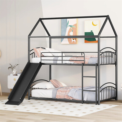 #ad Metal Twin over Twin House Bunk Bed w Ladder amp; Slide Kids House Bed Black $348.00