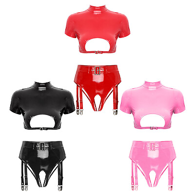 #ad US Women Vinyl Lingerie Set Leather Garter Sexy Bra Top and Panty Set Babydoll $21.29
