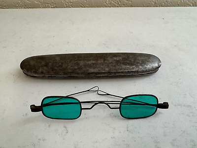 #ad Antique Blue Tinted Spectacles Eyeglasses w Tin Metal Case Adjustable Temples $175.00