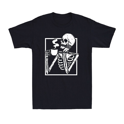#ad Halloween Coffee Drinking Skeleton Skull Novelty Vintage Men#x27;s T Shirt $16.99