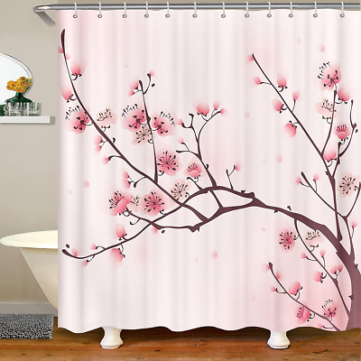 #ad Pink Floral Shower Curtain Girls Women Cherry Blossom Bathroom Curtain with Hook $44.99
