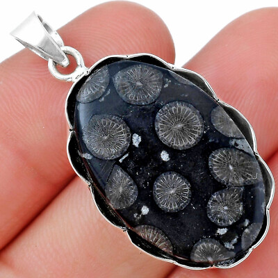 #ad Natural Black Flower Fossil Coral 925 Sterling Silver Pendant Jewelry P 1555 $13.49