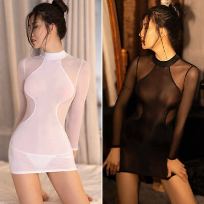 #ad Women Shiny Sheer Mesh Patchwork Long Sleeve Bodycon Dress Evening Party Outfits $14.24