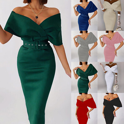 #ad Women Sexy Off Shoulder Bodycon Midi Dress Lady V Neck Evening Party Mini Dress $24.09