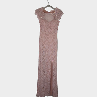 #ad Pink lace gown with sequin cuff sleeve. Size 3 $75.00