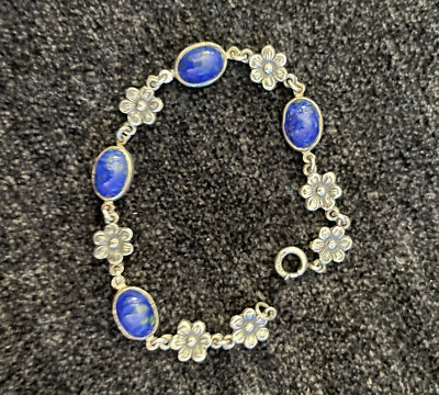 #ad Antique Glass Blue Green Cabochon Floral Sterling Bracelet $39.99