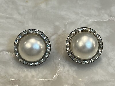 #ad Vintage Pearl Rhinestone Button Done Earrings Costume Jewelry $6.00