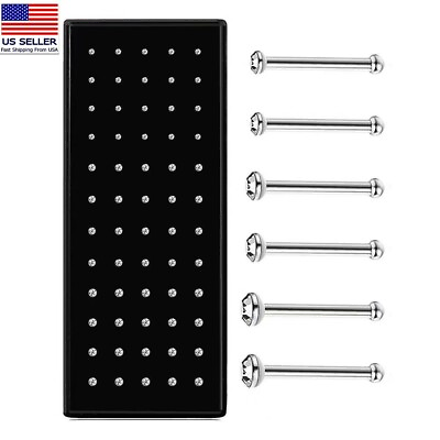 #ad 60PC CZ Nose Rings Bone Stud Stainless Steel Silver Body Piercing Pin Jewelry $6.99