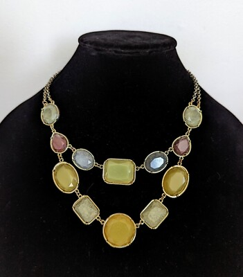 #ad Charming Charlie Bib Statement Necklace 18quot; Muted Jewel Tones Gold Moss Plum $16.99