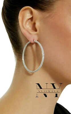 #ad Solid 14k White Gold Inside Out Hoop Wedding Earrings 2 Ct Round Cut For Women $234.90