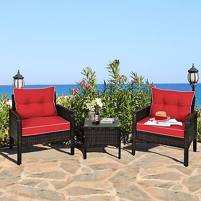 #ad 3PCS Patio Outdoor Rattan Furniture Set w Coffee Table Red Cushion $188.00