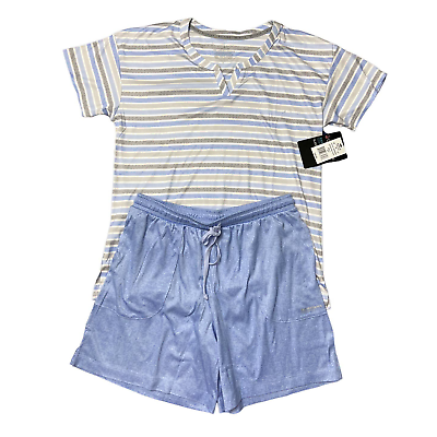 #ad Cuddl Duds Women Small 2pc Blue Stripe Short Sleeve Pajama PJ Set Sleepwear $27.00