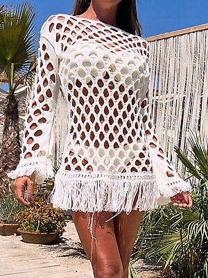#ad Beach Chic Fringed Sheer Cutout Sleeve Cover Up $32.95