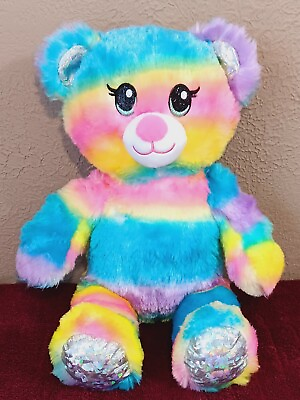 #ad BUILD A BEAR Rainbow Striped Sparkle Bear W Silver Sparkle Ears amp; Feet EUC $17.99