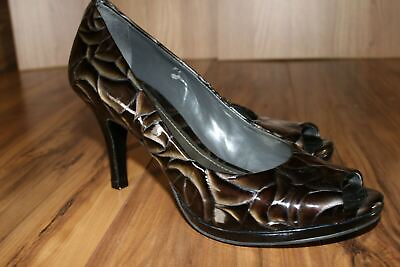 #ad Womens Ladies ALEX MARIE Bronze Genuine Patent Leather Open Toe Heels Shoes 7.5 $24.65