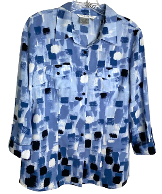 #ad Fred David Blue Abstract Print Collared Fitted Button Down Stretch Blouse Size M $20.00