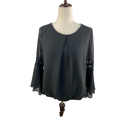 #ad IZ Byer Black Bell Sleeve Sheer Overlay Blouse Size L EUC $15.79