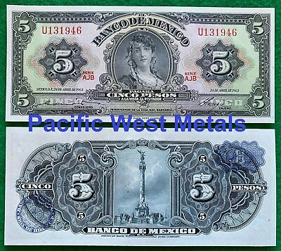 #ad 1963 Mexico 5 Pesos GYPSY UNC Mexican banknotes Billete Cinco Sin Circular CRISP $8.88