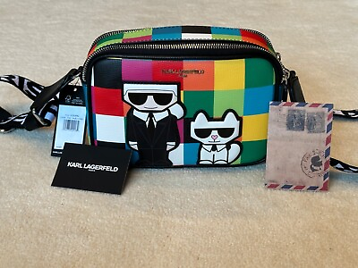 #ad NWT Karl Lagerfeld Paris Karl and Cat Multicolored Squares Adjustable Strap $135.00