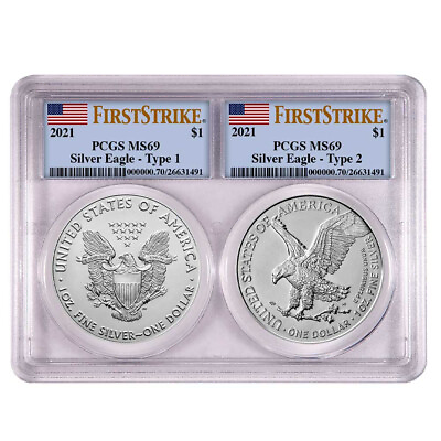 #ad 2021 $1 Type 1 and Type 2 Silver Eagle Set PCGS MS69 FS Flag Label $129.96