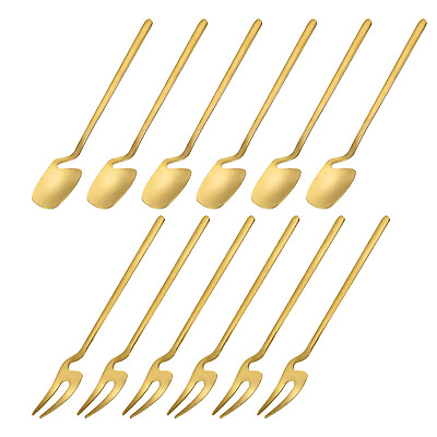 #ad 12Pcs Stainless Steel Mini Dessert Spoon Fork Set Fruit Spoon Fork Gold $21.50