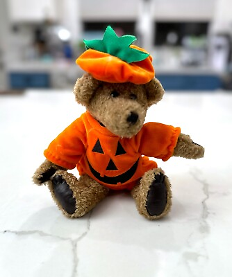 #ad Halloween Teddy Bear in Pumpkin Costume Brown Bear Plush 9quot; Sitting $10.00
