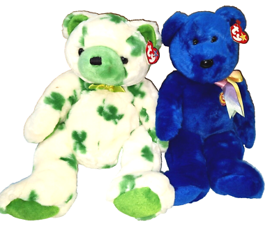 #ad 2 BIG Retired TY Beanie Babies TeddyBear CLOVER amp; CLUBBY 14quot; Stuffed Animals $24.99
