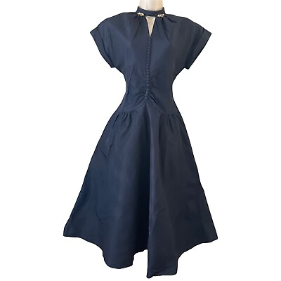 #ad 1940s Vintage Bustled Gown S M Navy Blue Cut Out Button Down Taffeta Dress $139.00