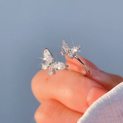 #ad 925 Silver Plated Zircon Crystal Double Butterfly Rings for Women Jewelry Gift C $1.67