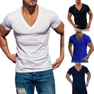 #ad Mens V Neck T Shirts Short Sleeve Muscle Slim Fit Summer Sport Gym Tee Tops Size $16.49