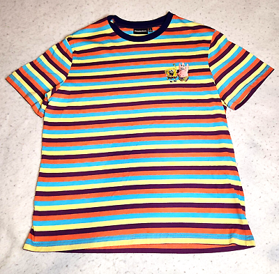 #ad Nickelodeon Sponge Bob Mens T Shirt L Stripe Embroidered Short Sleeve EUC $8.79