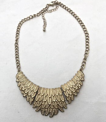 #ad Gold Toned Feather Statement Necklace Chunky A7 GBP 7.50