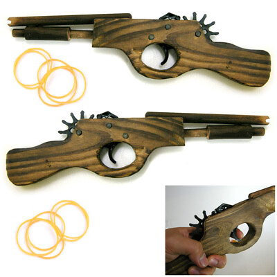 #ad 2 Wooden Toy Pistol 12quot; Gun Rubber Band Shooter Sling Shot Kids Cowboy Classic $11.56