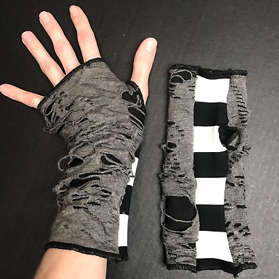 #ad Upcycled Gloves Black Mummy Hand Warmers Gray Striped Arm Covers Mens Zombie Y2k $26.00