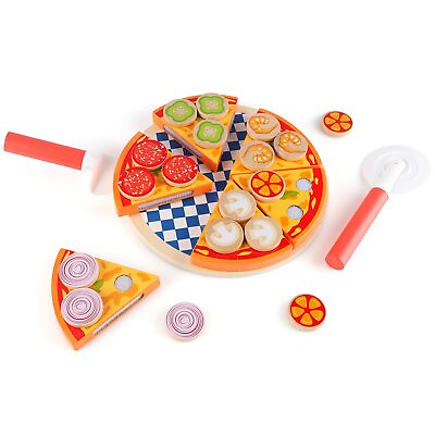 #ad Wooden Pizza Cutting Toy Pretend Play Pizza Set Pizza Play Food Fast Food ... $22.39