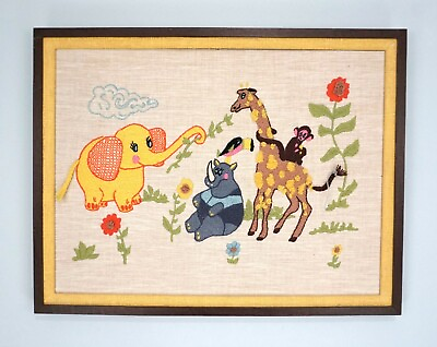 #ad Childrens Baby Nursery Stitched Embroidered Animal Framed Americana Wall Art $190.99