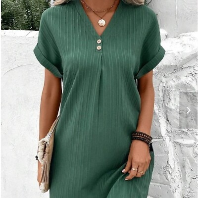 #ad Women Button V Neck Short Sleeve T Shirt Dress Basic Loose Fit Dresses S 3XL $17.85