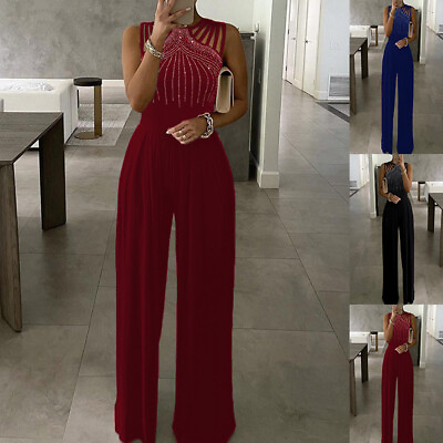 #ad Womens Sequin Jumpsuit Ladies Sleeveless Wide Leg Formal Evening Party Playsuit $33.39