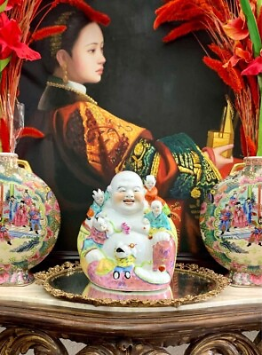 #ad Chinese Statue of Laughing Buddha Figurine Beautiful Vintage Colorful Decor $150.00