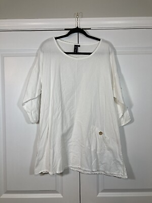#ad Focus Casual Life White Cotton Tunic Top Large Lagenlook Button Ladder Sleeve $19.88