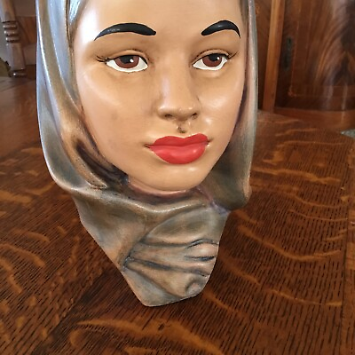 #ad Vintage MCM Chalkware Women Head Bust Scarf Wrap Full Lips Sexy Eyes $45.00