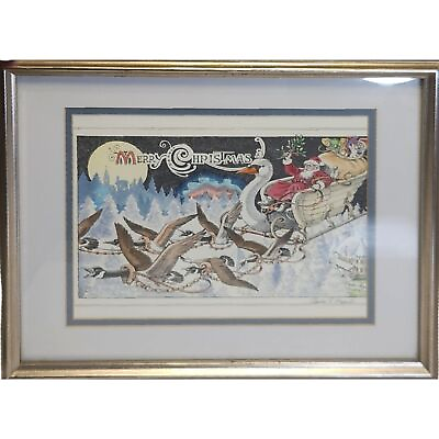 #ad Flying Rabbit Merry Christmas Print Signed by Charles Hazard Matted Silver Frame $55.00