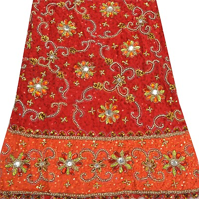 #ad Sanskriti Vintage Design Fabric Hand Beaded Indian Dark Red Patch Work $17.99