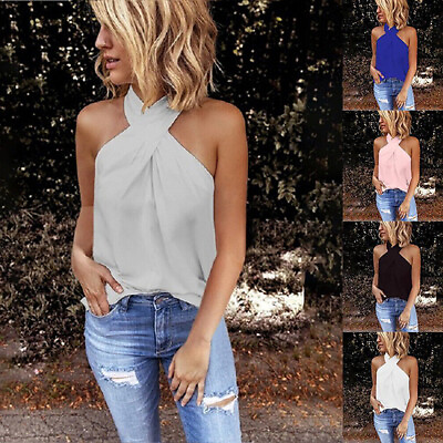 #ad Sexy Womens Halter Neck Tank Tops Vest Sleeveless Casual Plain Summer T Shirt‹ $10.71