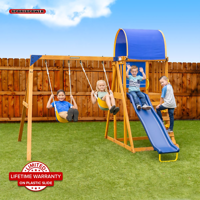 #ad Outdoor Wooden Swing Set with Slide Kids Backyard Playground Playset Playhouse $413.99