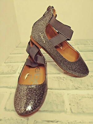 #ad Bebe Girls Silver Glitter Gray Elastic Ankle Strap Flat Size 13 Formal Pageant $19.99